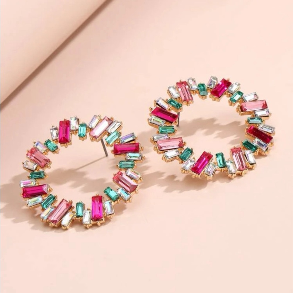 New Zara champagne multicolor pink green zircon earrings - Picture 3 of 3